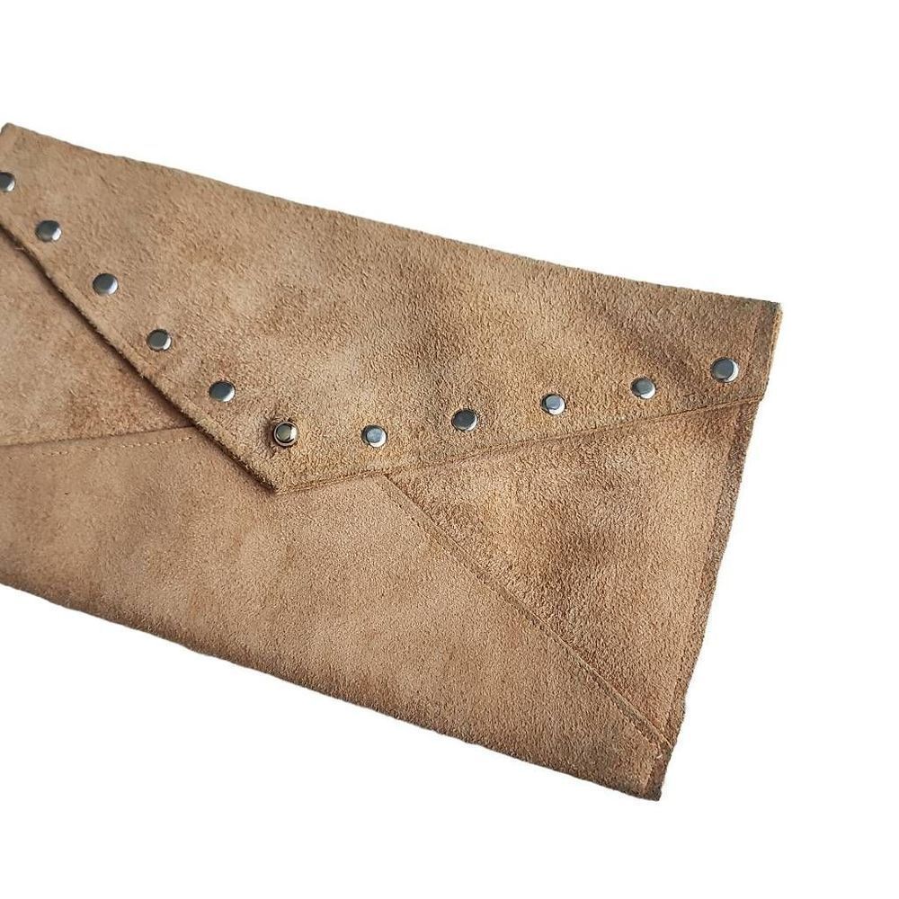 Camel suede leather studded clutch envelope bag 9.5" X 5.5" - Picture 3 of 4